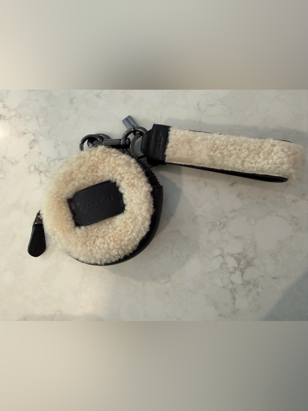 Coach Cream Shearling and Black Leather Round Coin Case and Key Fob 2 pc. set